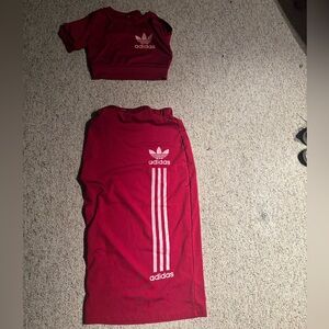 adidas Burgundy Two-Piece Crop Top and Skirt Set with Pink Logo